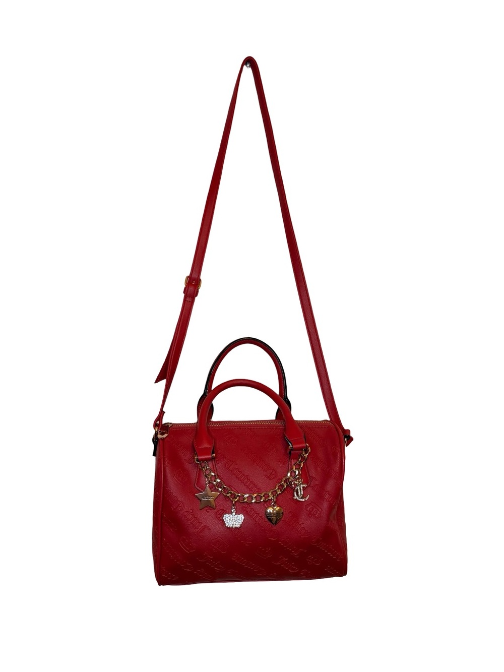 Juicy Couture Red Embossed Logo Charm Satchel Crossbody Bowler Bag - Picture 3 of 8